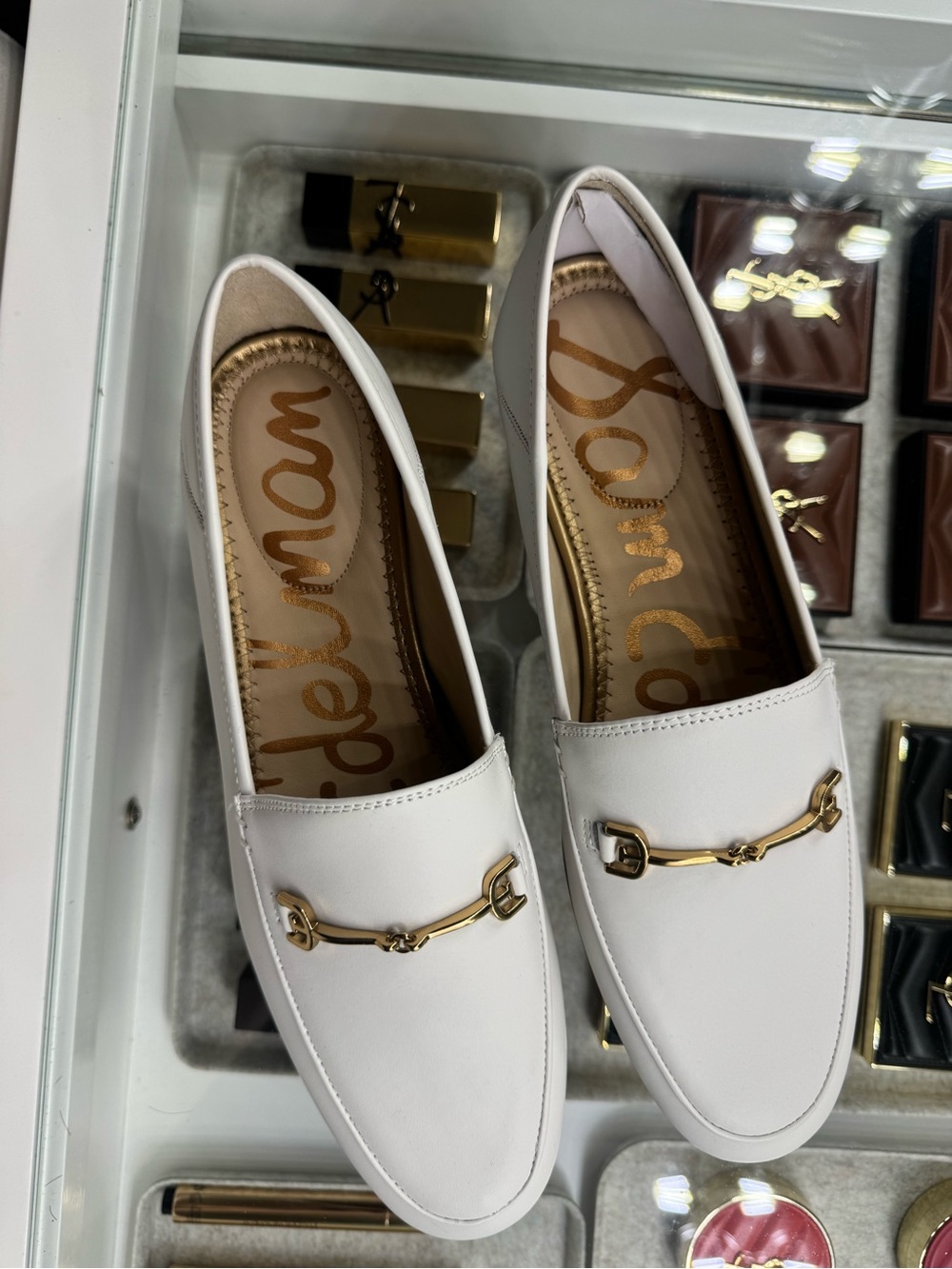 Sam Edelman White Leather Slip-On Loafers with Gold Bit